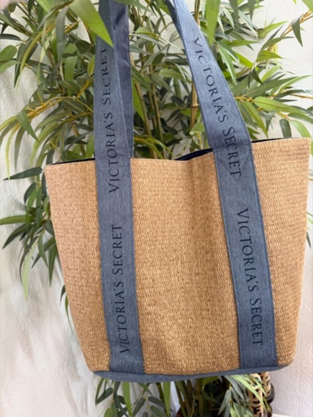 Victoria's Secret Natural Straw Tote with Blue Denim Straps - Picture 2 of 4